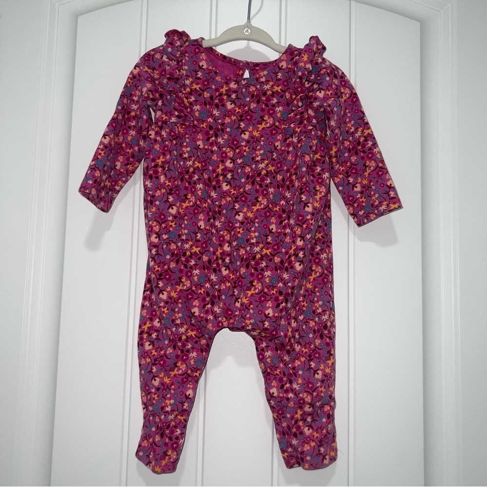 Tea Collection Baby Girl Long Sleeve Pink Floral Romper Size 6-9 Months